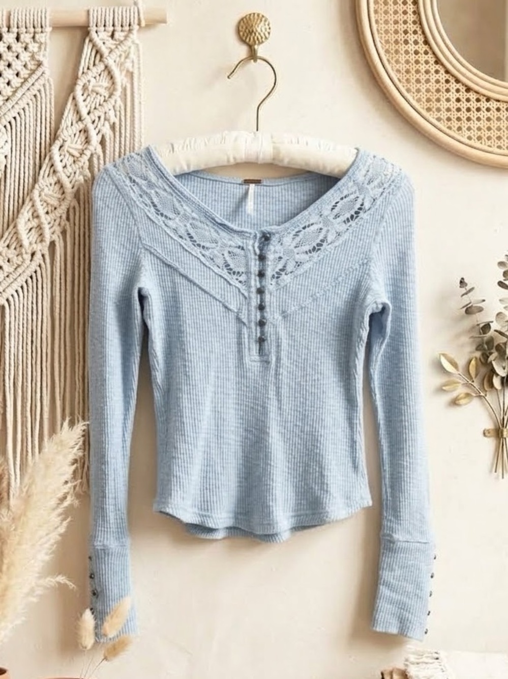 Free People Come On Over Pale Blue Lace-Trim Henley Ribbed Long Sleeve Top